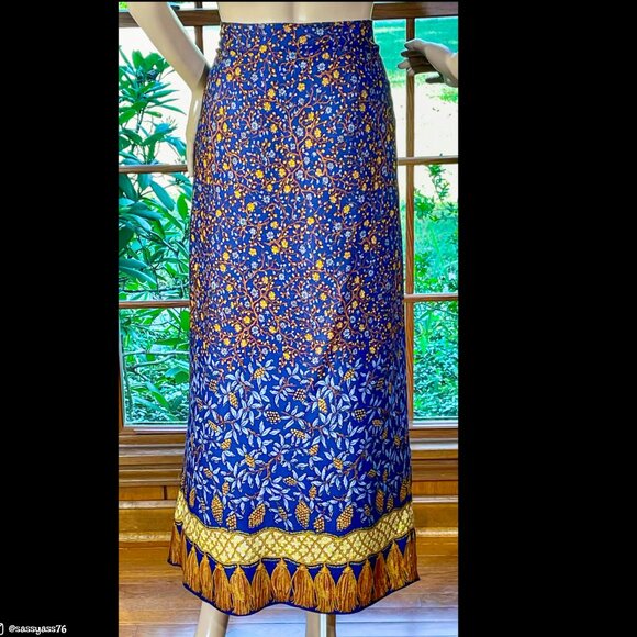 ▪️VTG▪️STONEBRIDGE▪️1990's Floral & Tassel Print Navy Blue Maxi Wrap Skirt - Picture 2 of 5